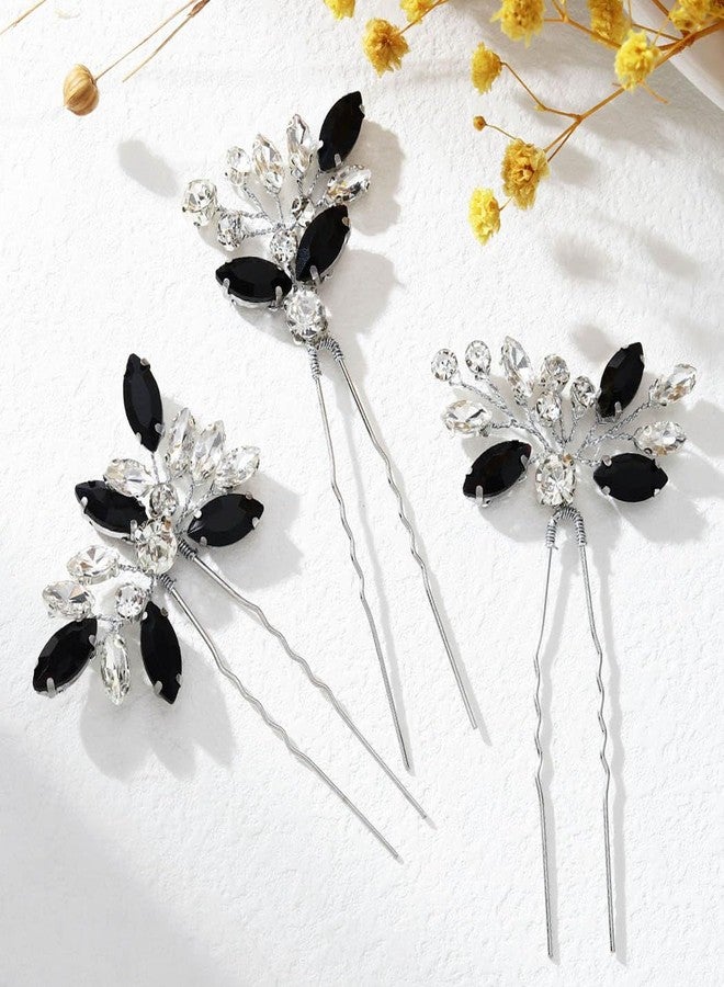 Unicra Bride Wedding Crystal Hair Pins Flower Bridal Hair Pieces Wedding Hair Accessories for Women and Girls Pack of 3 (Black) - Image 1